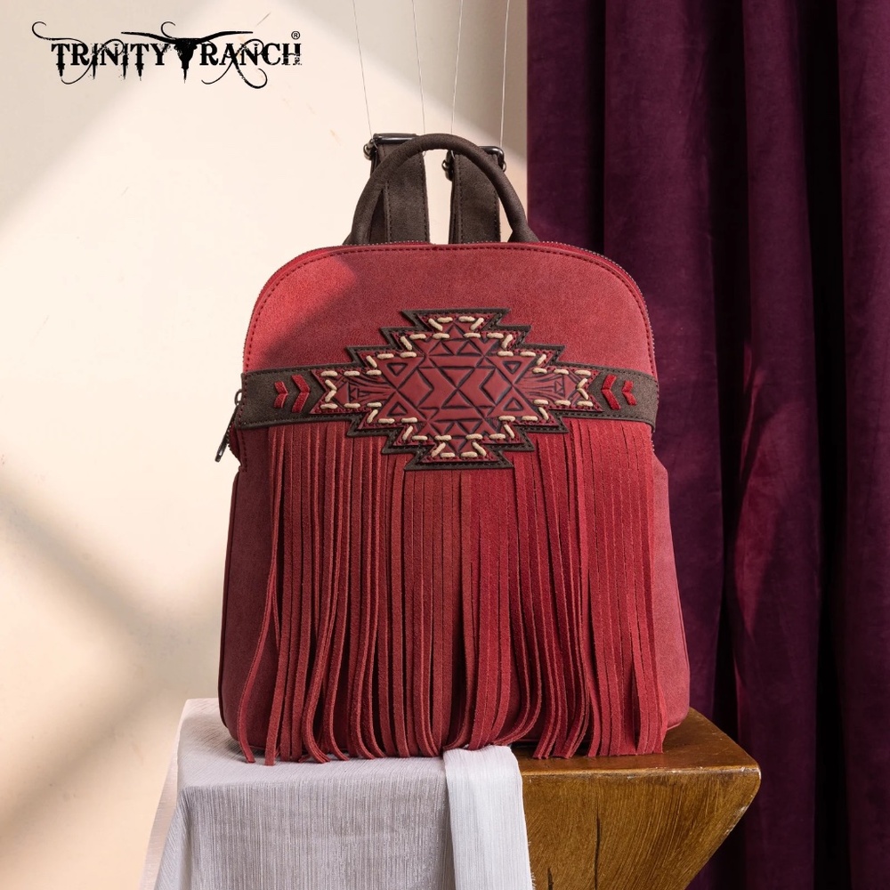 Trinity Ranch Aztec Tooled Fringe Concealed Carry Backpack Burgundy